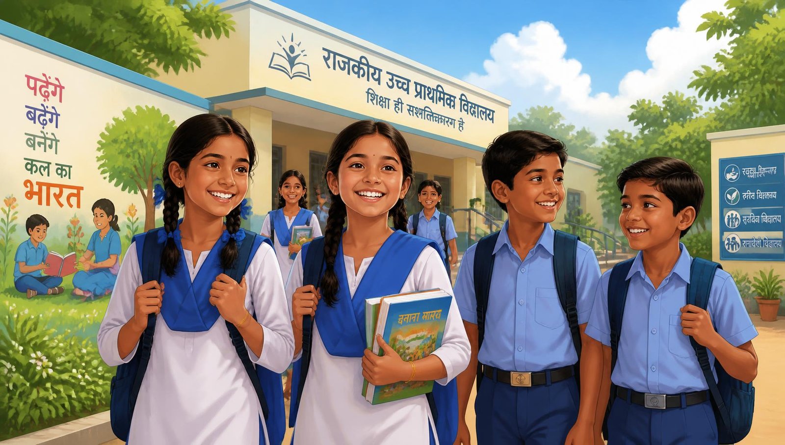 Students of the government school smiling outside the school building